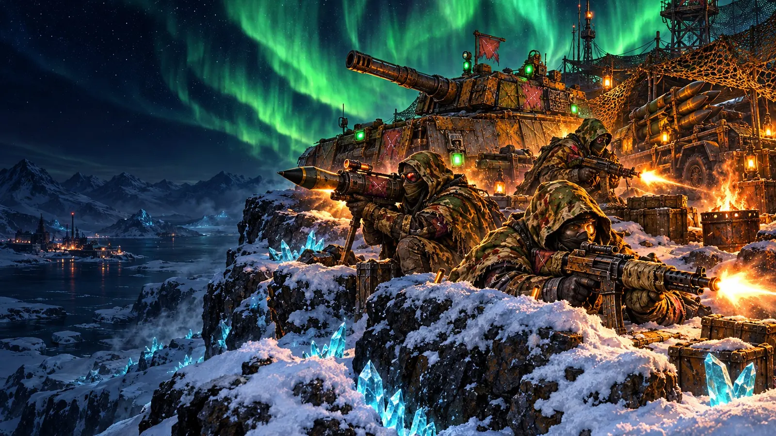 Getarnte Aurora-Kämpfer mit Raketenwerfern unter grünem Polarlicht